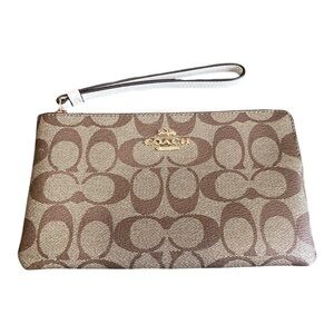 Coach Large Corner Zip Wristlet In Signature Canvas pvc khaki and white
